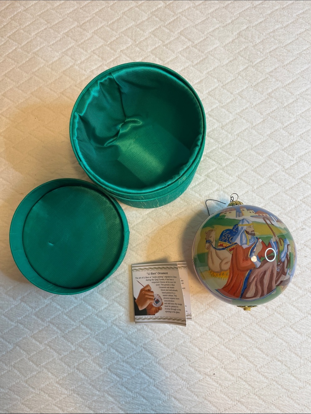 Hand-Painted Li Bien Nativity Christmas Ornament with Green Satin Box